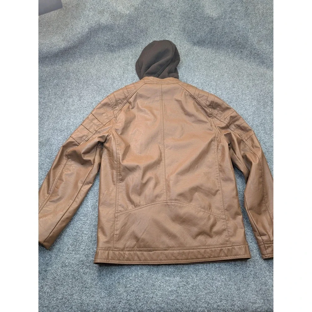 Urban Republic Jacket Mens Small Brown Faux Leather Hooded Moto Zip Pockets - Picture 9 of 12